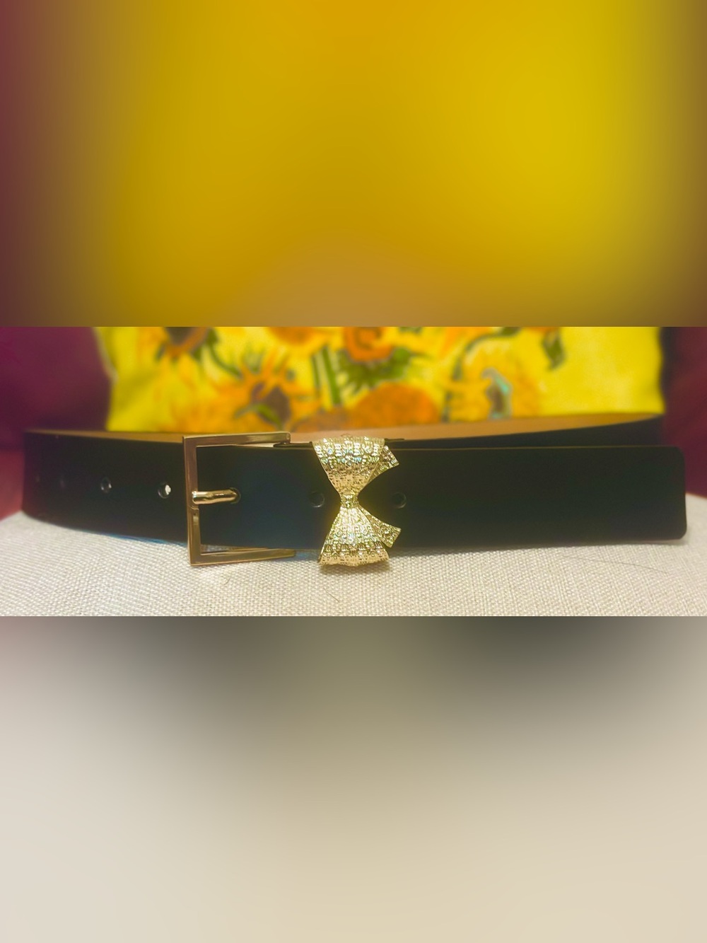 Authentic Kate Spade New York "Take A Bow" Black Leather Belt Gold Bow Loop Size
